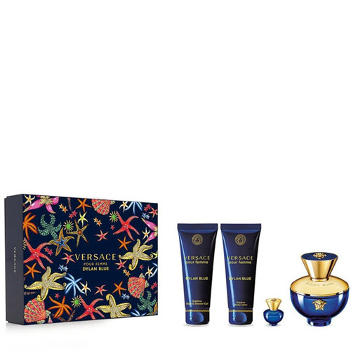 VERSACE DYLAN BLUE 4 PCS SET FOR WOMEN: 3.4 EAU DE PARFUM + 0.17 EAU DE PARFUM + 3.4 BODY LOTION + 3.4 SHOWER GEL. VERSACE DYLAN BLUE 4 PCS SET FOR WOMEN: 3.4 EAU DE PARFUM + 0.17 EAU DE PARFUM + 3.4 BODY LOTION + 3.4 SHOWER GEL.