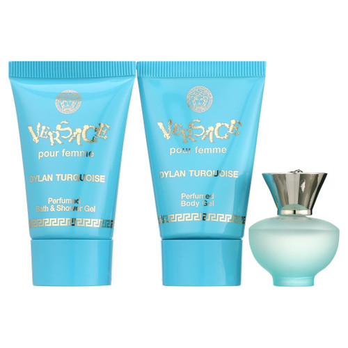 VERSACE DYLAN TURQUOISE 3 PCS SET FOR WOMEN: 5 ML EAU DE TOILETTE MINI + 0.8 SHOWER GEL + 0.8 BODY GEL