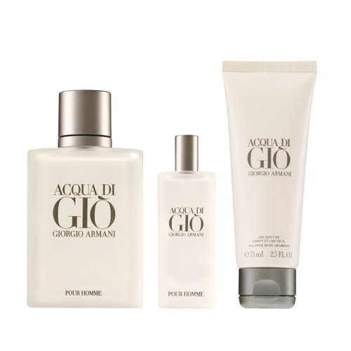 ARMANI AQUA DI GIO 3 PCS SET FOR MEN: 3.4 EAU DE TOILETTE SPRAY + 2.5 ALL OVER SHAMPOO + 0.5 EAU DE TOILETTE SPRAY