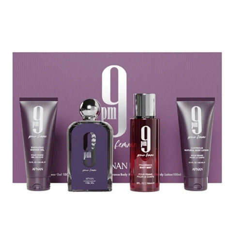 AFNAN 9 PM 4 PCS SET FOR WOMEN: 3.4 EAU DE PARFUM SPRAY + 5 OZ BODY MIST + 3.4 SHOWER GEL + 3.4 BODY LOTION