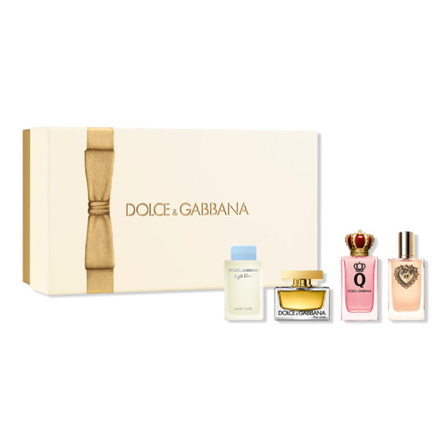 DOLCE & GABBANA 4 PCS MINI SET FOR WOMEN: DEVOTION 5 ML EAU DE PARFUM + "Q" 5 ML EAU DE PARFUM + LIGHT BLUE 4.5 ML EAU DE TOILETTE + THE ONE 5 ML EAU DE PARFUM. DOLCE & GABBANA 4 PCS MINI SET FOR WOMEN: DEVOTION 5 ML EAU DE PARFUM + "Q" 5 ML EAU DE PARFUM + LIGHT BLUE 4.5 ML EAU DE TOILETTE + THE ONE 5 ML EAU DE PARFUM.