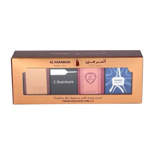 AL HARAMAIN 4 X 10 ML MINI SET: AMBER OUD EAU DE PARFUM + LAVENTURE EAU DE PARFUM + AZLAN OUD EXTRAIT DE PARFUM + AZURE EAU DE PARFUM AL HARAMAIN 4 X 10 ML MINI SET: AMBER OUD EAU DE PARFUM + LAVENTURE EAU DE PARFUM + AZLAN OUD EXTRAIT DE PARFUM + AZURE EAU DE PARFUM