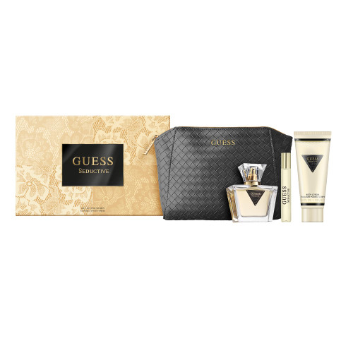 GUESS SEDUCTIVE 4 PCS SET FOR WOMEN: 2.5 EAU DE TOILETTE SPRAY + 0.5 EAU DE TOILETTE SPRAY + 3.4 BODY LOTION + POUCH
