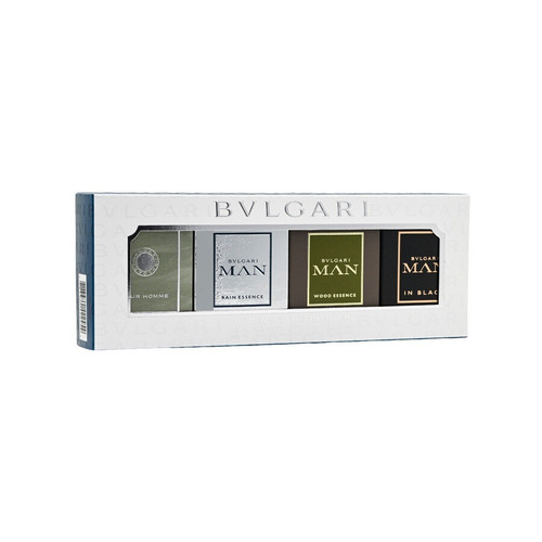 BVLGARI 4 PCS MINI SET FOR MEN: POUR HOMME 5 ML EAU DE TOILETTE + MAN RAIN ESSENCE 5 ML EAU DE PARFUM + MAN WOOD ESSENCE 5 ML EAU DE PARFUM + MAN IN BLACK 5 ML EAU DE PARFUM