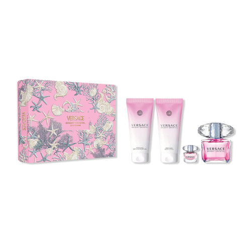VERSACE BRIGHT CRYSTAL 4 PCS SET FOR WOMEN: 3 OZ EAU DE TOILETTE SPRAY + 5 ML EAU DE TOILETTE MINI + 3.4 BODY LOTION + 3.4 BATH AND SHOWER GEL