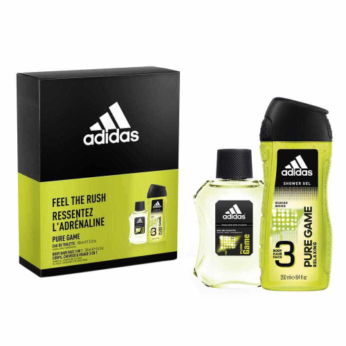 ADIDAS PURE GAME 2 PCS SET: 3.4 EAU DE TOILETTE SPRAY + 8.4 OZ BODY HAIR FACE 3 IN 1