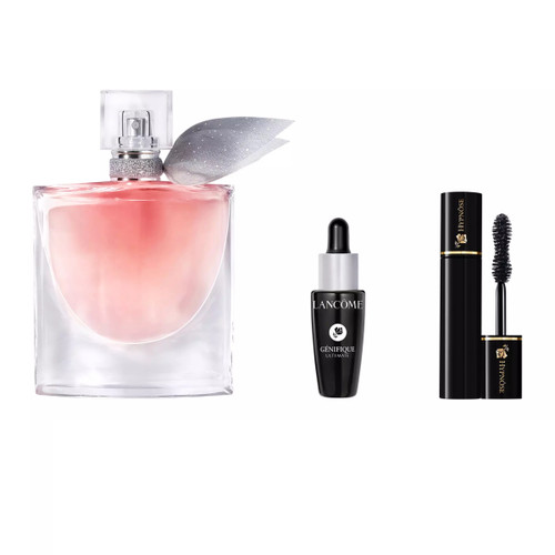LANCOME LA VIE EST BELLE 3 PCS SET FOR WOMEN: 1.7 EAU DE PARFUM REFILLABLE SPRAY + 0.33 OZ ADVANCED GENIFIQUE + 2 ML HYPNOSE - 01 NOIR HYPNOTIC MASCARA VOLUME