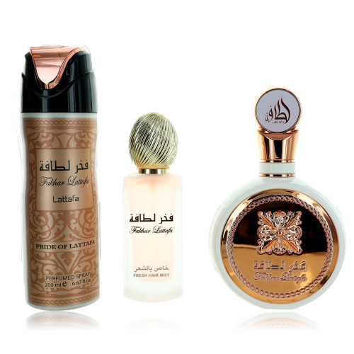 LATTAFA FAKHAR 3 PCS SET FOR WOMEN: 3.4 EAU DE PARFUM SPRAY + 1.7 HAIR MIST + 6.67 PERFUMED SPRAY