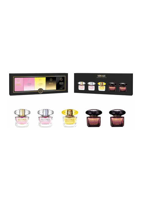 VERSACE 5 * 5 ML MINI SET FOR WOMEN: BRIGHT CRYSTAL PARFUM + BRIGHT CRYSTAL EAU DE TOILETTE + YELLOW DIAMOND EAU DE TOILETTE + CRYSTAL NOIR EAU DE TOILETTE + CRYSTAL NOIR PARFUM