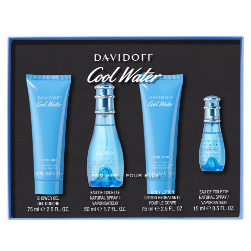 COOL WATER 4 PCS SET FOR WOMEN: 1.7 EAU DE TOILETTE SPRAY + 0.5 EAU DE TOILETTE SPRAY + 2.5 SHOWER GEL + 2.5 BODY LOTION