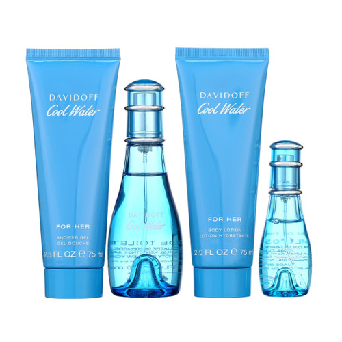 COOL WATER 4 PCS SET FOR WOMEN: 1.6 EAU DE TOILETTE SPRAY + 0.5 EAU DE TOILETTE SPRAY + 2.5 SHOWER GEL + 2.5 BODY LOTION