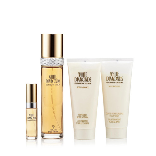 WHITE DIAMONDS 4 PCS SET FOR WOMEN: 3.3 EAU DE TOILETTE SPRAY + 0.33 EAU DE TOILETTE SPRAY + 3.3 BODY LOTION + 3.3 BODY WASH.