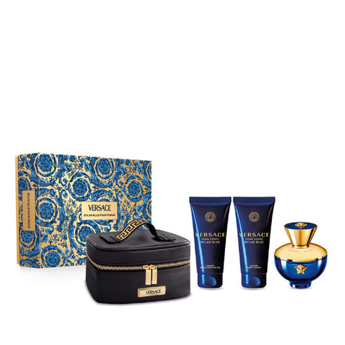 VERSACE DYLAN BLUE 4 PCS SET FOR WOMEN: 3.4 EAU DE PARFUM SPRAY + 3.4 SHOWER GEL + 3.4 BODY LOTION + POUCH