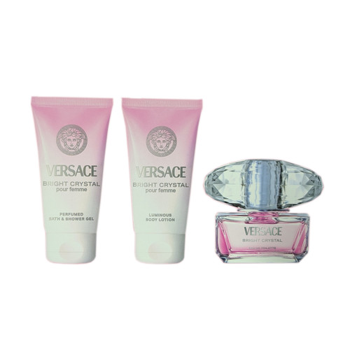 VERSACE BRIGHT CRYSTAL 3 PCS SET FOR WOMEN: 1.7 EAU DE TOILETTE SPRAY + 1.7 BATH & SHOWER GEL + 1.7 BODY LOTION