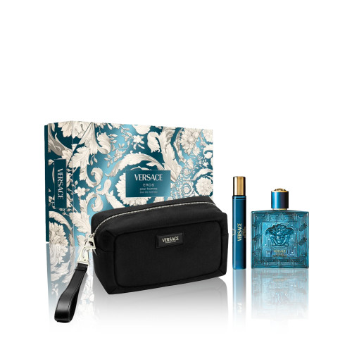 VERSACE EROS 3 PCS SET FOR MEN: 3.4 EAU DE TOILETTE SPRAY + 0.3 EAU DE TOILETTE SPRAY + POUCH