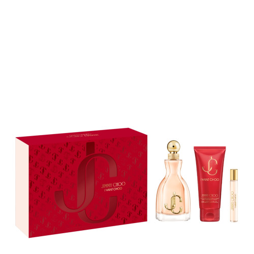 JIMMY CHOO I WANT CHOO 3 PCS SET FOR WOMEN: 3.3 EAU DE PARFUM SPRAY + 0.25 EAU DE PARFUM SPRAY + 3.3 BODY LOTION......