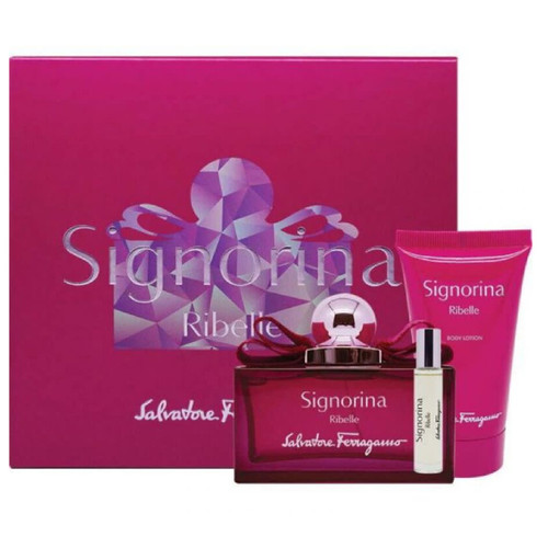 SALVATORE FERRAGAMO RIBELLE 3 PCS SET FOR WOMEN: 3.4 EAU DE PARFUM SPRAY + 0.33 EAU DE PARFUM TRAVEL SPRAY + 1.7 BODY LOTION