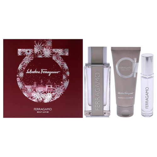 SALVATORE FERRAGAMO BRIGHT LEATHER 3 PCS SET FOR MEN: 3.4 EAU DE TOILETTE SPRAY + 0.33 EAU DE TOILETTE TRAVEL SPRAY + 3.4 SHOWER GEL