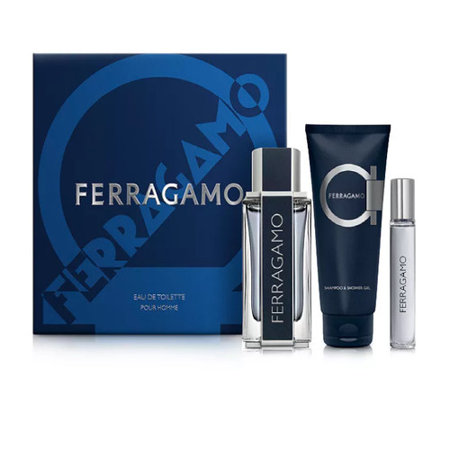 SALVATORE FERRAGAMO FERRAGAMO 3 PCS SET FOR MEN: 3.4 EAU DE TOILETTE SPRAY + 0.33 EAU DE TOILETTE TRAVEL SPRAY + 3.4 SHOWER GEL