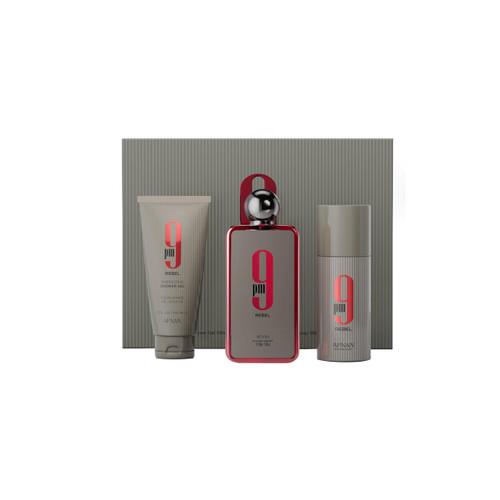 AFNAN 9 PM REBEL 3 PCS SET FOR MEN: 3.4 EAU DE PARFUM SPRAY + 5 OZ SHOWER GEL + 5 OZ PERFUME SPRAY