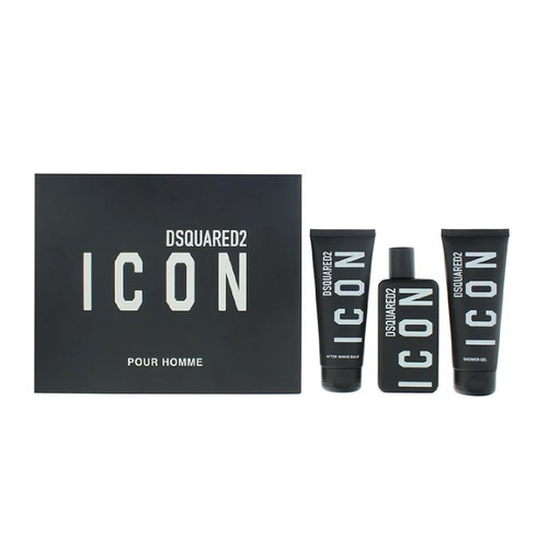 DSQUARED2 ICON POUR HOMME 3 PCS SET FOR MEN: 3.4 EAU DE PARFUM SPRAY + 3.4 BODY SHOWER GEL + 3.4 AFTERSHAVE BALM
