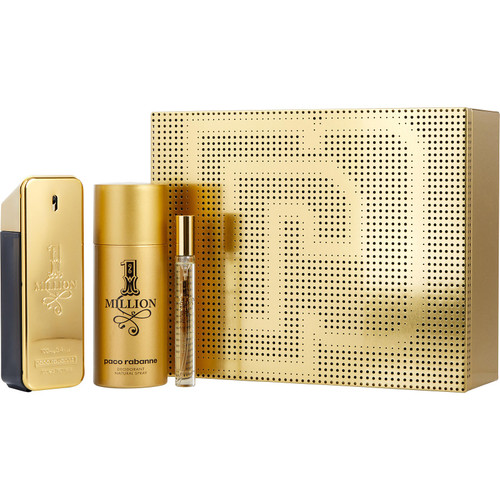 PACO RABANNA 1 MILLION BLACK 3 PCS SET FOR MEN: 3.4 EAU DE PARFUM SPRAY + 5 OZ DEODORANT SPRAY + 0.33 EAU DE PARFUM TRAVEL SPRAY