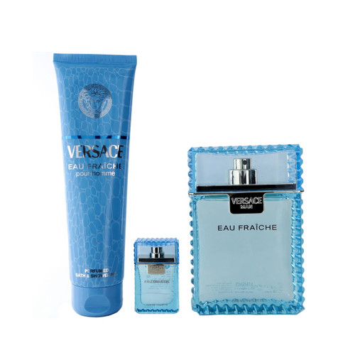 VERSACE EAU FRAICHE 3 PCS SET FOR MEN: 3.4 EAU DE TOILETTE SPRAY + 5 ML EAU DE TOILETTE MINI + 5 OZ BATH & SHOWER GEL.