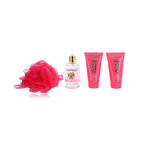 ED HARDY 4 PCS GIFT SET FOR WOMEN: 3.4 FRAGRANCE MIST SPRAY + 1.7 BODY LOTION + 1.7 BODY WASH + LOOFAH