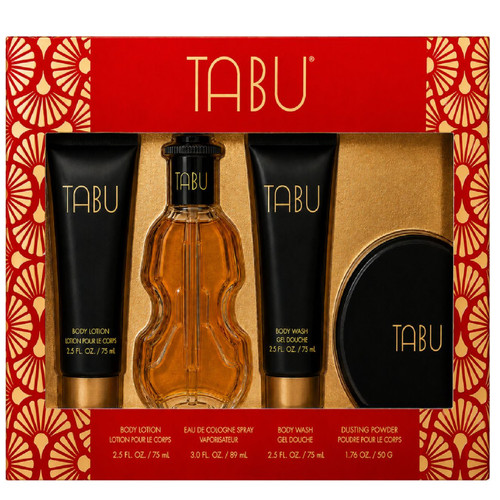 TABU 4 PCS SET FOR WOMEN: 3 OZ EAU DE COLOGNE SPRAY + 2.5 BODY LOTION + 2.5 BODY WASH + 1.8 DUSTING POWDER