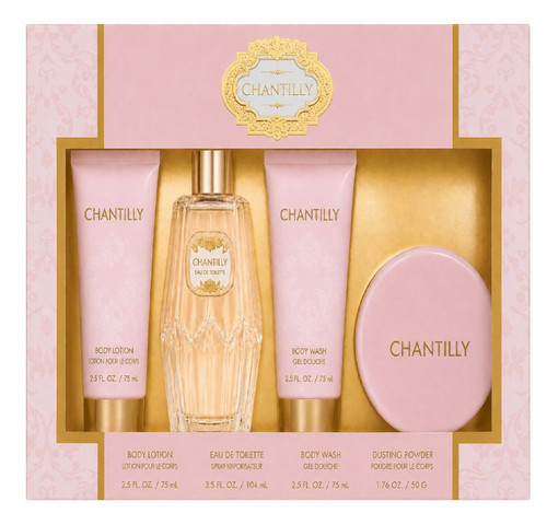 CHANTILLY 4 PCS SET FOR WOMEN: 3.5 EAU DE TOILETTE SPRAY + 2.5 BODY LOTION + 2.5 BODY WASH + 1.8 DUSTING POWDER