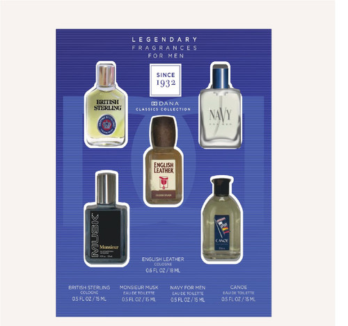 DANA CLASSICS 5 PCS SET FOR MEN: BRITISH STERLING 0.5 COLOGNE SPRAY + ENGLISH LEATHER 0.6 COLOGNE SPRAY + NAVY FOR MEN 0.5 EAU DE TOILETTE SPRAY + MONSIEUR MUSK 0.5 EAU DE TOILETTE SPRAY + CANOE 0.5 EAU DE TOILETTE SPRAY