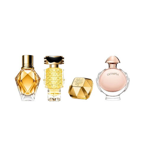PACO RABANNE 4 * EAU DE PARFUM MINI SET FOR WOMEN: LADY MILLION 5 ML + OLYMPEA 6 ML + FAME 4 ML + MILLION GOLD 5 ML