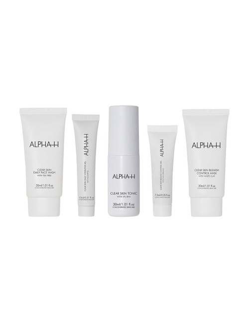 ALPHA-H 5 PCS CLEAR SKIN STARTER KIT: 1 OZ TONIC + 1 OZ FACE & BODY WASH + 1 OZ BLEMISH CONTROL MASK + 0.5 HYDRATOR GEL + 0.25 BLEMISH CONTROL GEL