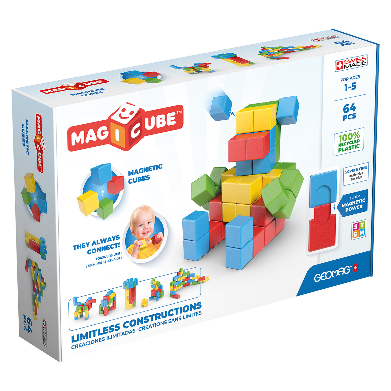 GEOMAG Magnetic Toys, Magnets for Kids, 32 Pieces, Magicube Shapes World  Set