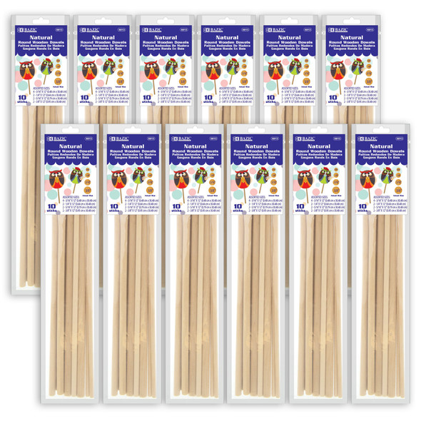 Assorted Round Natural Wooden Dowel, 10 Per Pack, 12 Packs - BAZ6813-12