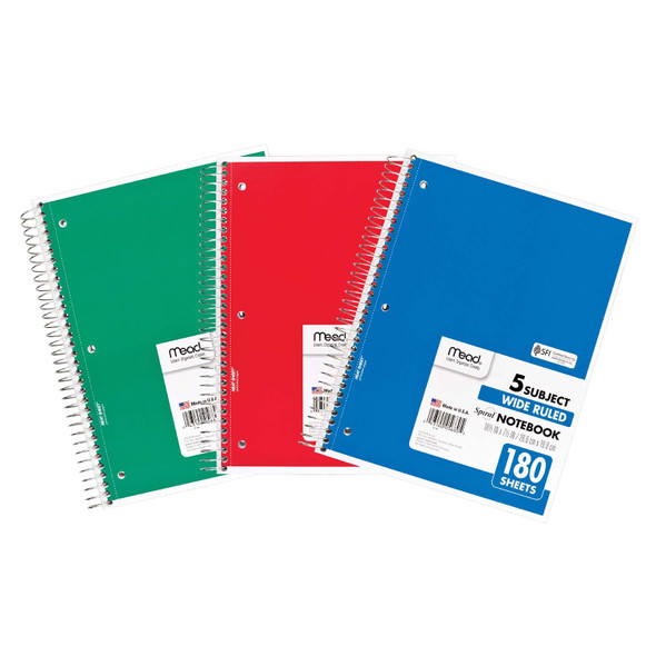 Spiral 5 Subject Notebook, Wide Ruled, 180 Sheets Per Book, Pack of 3 - MEA05680-3