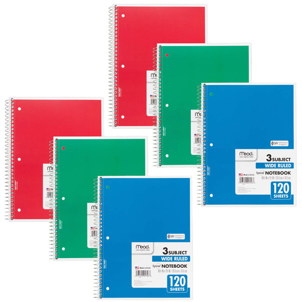 Spiral 3 Subject Notebook, Wide Ruled, 180 Sheets Per Book, Pack of 6 - MEA05746-6
