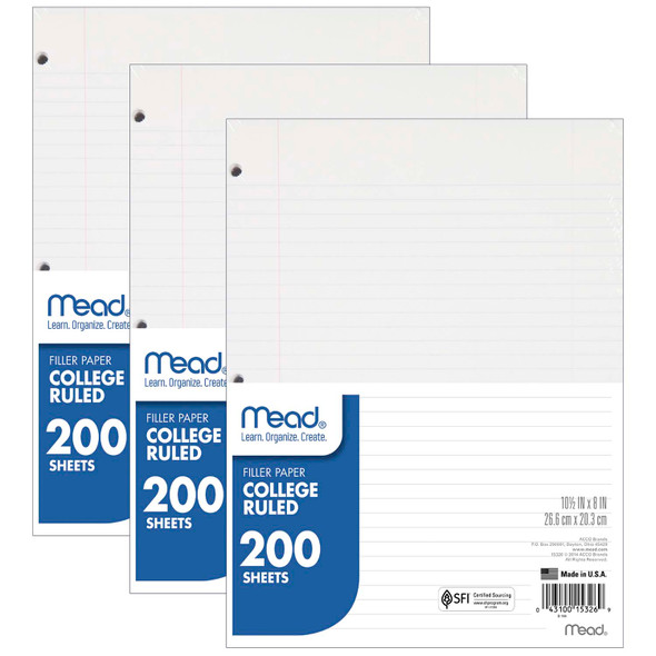 Notebook Filler Paper, College Ruled, 200 Sheets Per Pack, 3 Packs - MEA15326-3