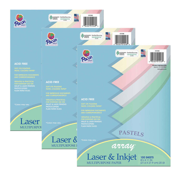 Pastel Multipurpose Paper Array, 8-1/2" x 11", 100 Sheets Per Pack, 3 Packs - PAC101048-3