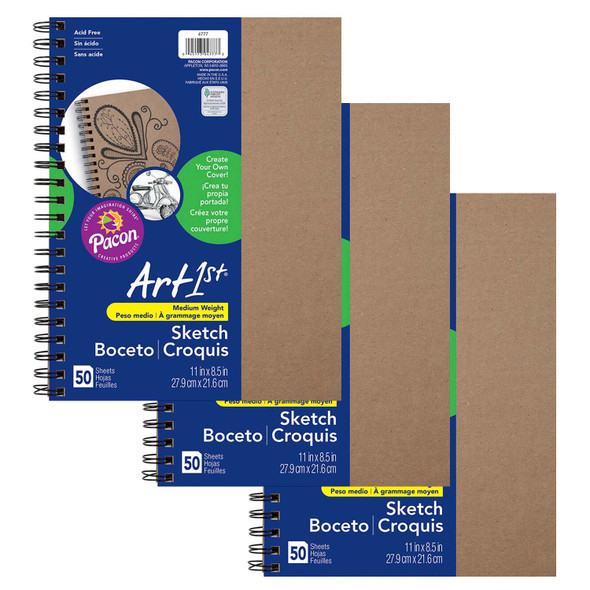 Create Your Own Cover Sketch Diary, Natural Chip Cover, 11" x 8-1/2", 50 Sheets, Pack of 3 - PAC4777-3
