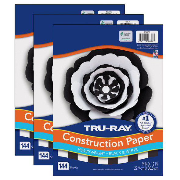 Premium Construction Paper, Black & White, 9" x 12", 144 Sheets Per Pack, 3 Packs - PAC6676-3