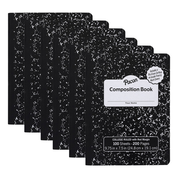 Composition Book, Black Marble, 9/32 in ruling with red margin 9-3/4" x 7-1/2", 100 Sheets, Pack of 6 - PACMMK37106DE-6