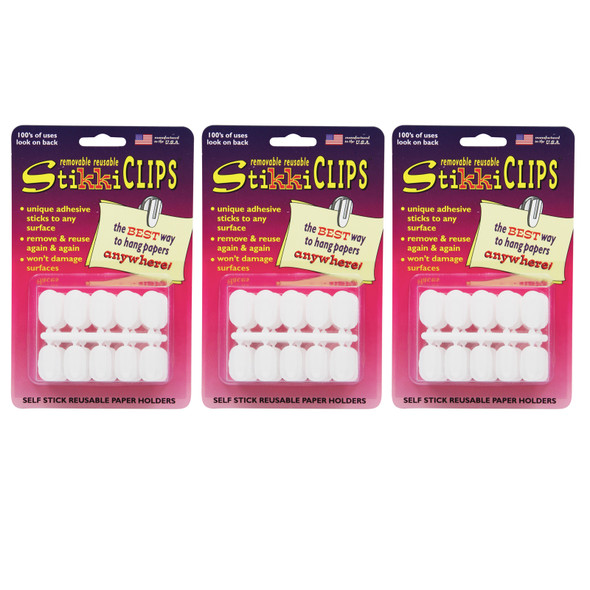 StikkiCLIPS Adhesive Clips, White, 30 Per Pack, 3 Packs - STK01420-3