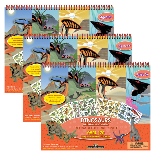 Dinosaurs and Prehistoric Animals Reusable Sticker Pad, Pack of 3 - TCR20116-3