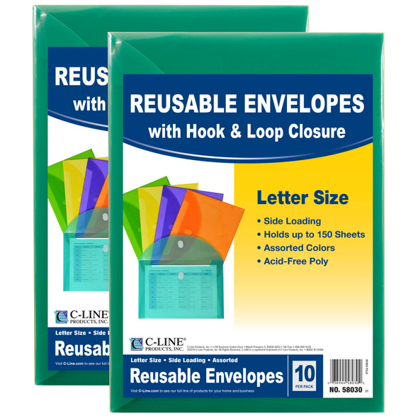 XL Reusable Envelopes, Hook and Loop Closure, 8 1/2 x 11, Assorted Colors, 10 Per Pack, 2 Packs - CLI58030BN