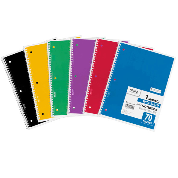 Spiral 1 Subject Notebook, Wide Ruled, 70 Sheets Per Book, Pack of 6