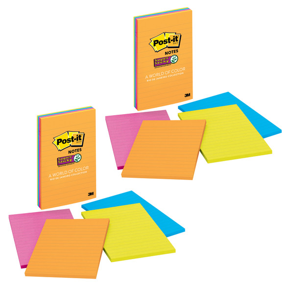 Super Sticky Notes, 4" x 6", Rio de Janeiro Collection, Lined, 4 Pads/Pack, 2 Packs - MMM4621SSAUBN