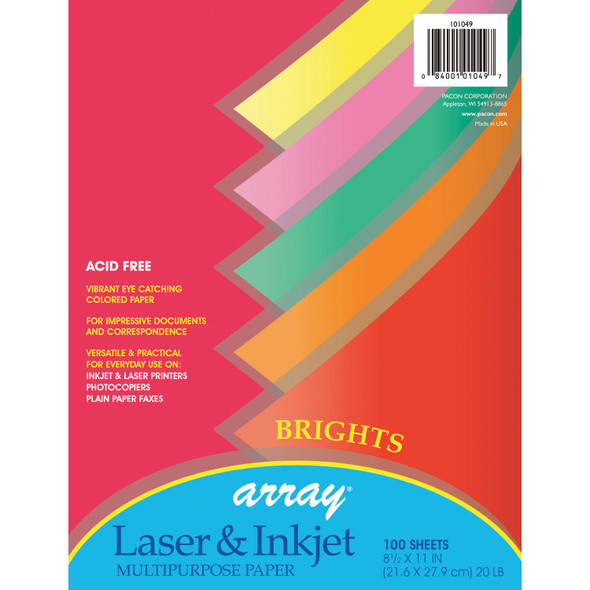 Multi-Purpose Paper, 20 lb., Assorted 5 Bright Colors, 8-1/2" x 11", 100 Sheets Per Pack, 3 Packs