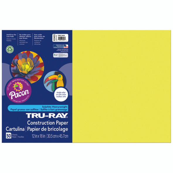 Construction Paper, Lively Lemon, 12" x 18", 50 Sheets Per Pack, 3 Packs - PAC103403BN