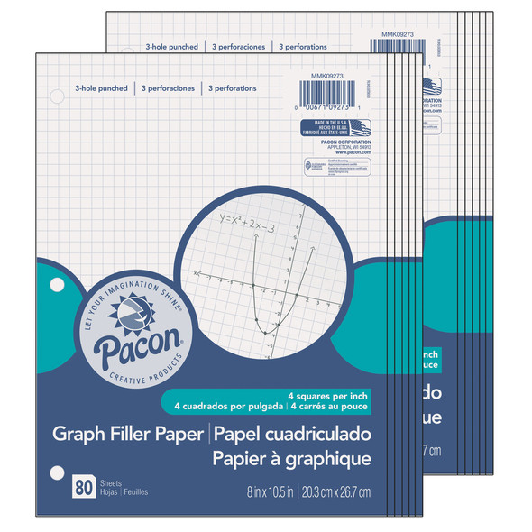 Graphing Paper, White, 3-Hole Punched, 1/4" Quadrille Ruled, 8" x 10-1/2", 80 Sheets Per Pack, 12 Packs